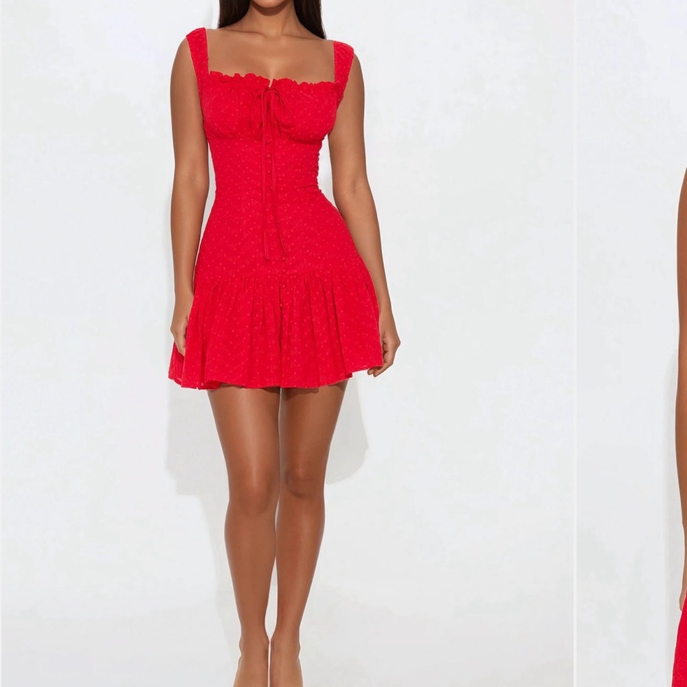 Red Square-Neck Mini Dress with Tie Detail